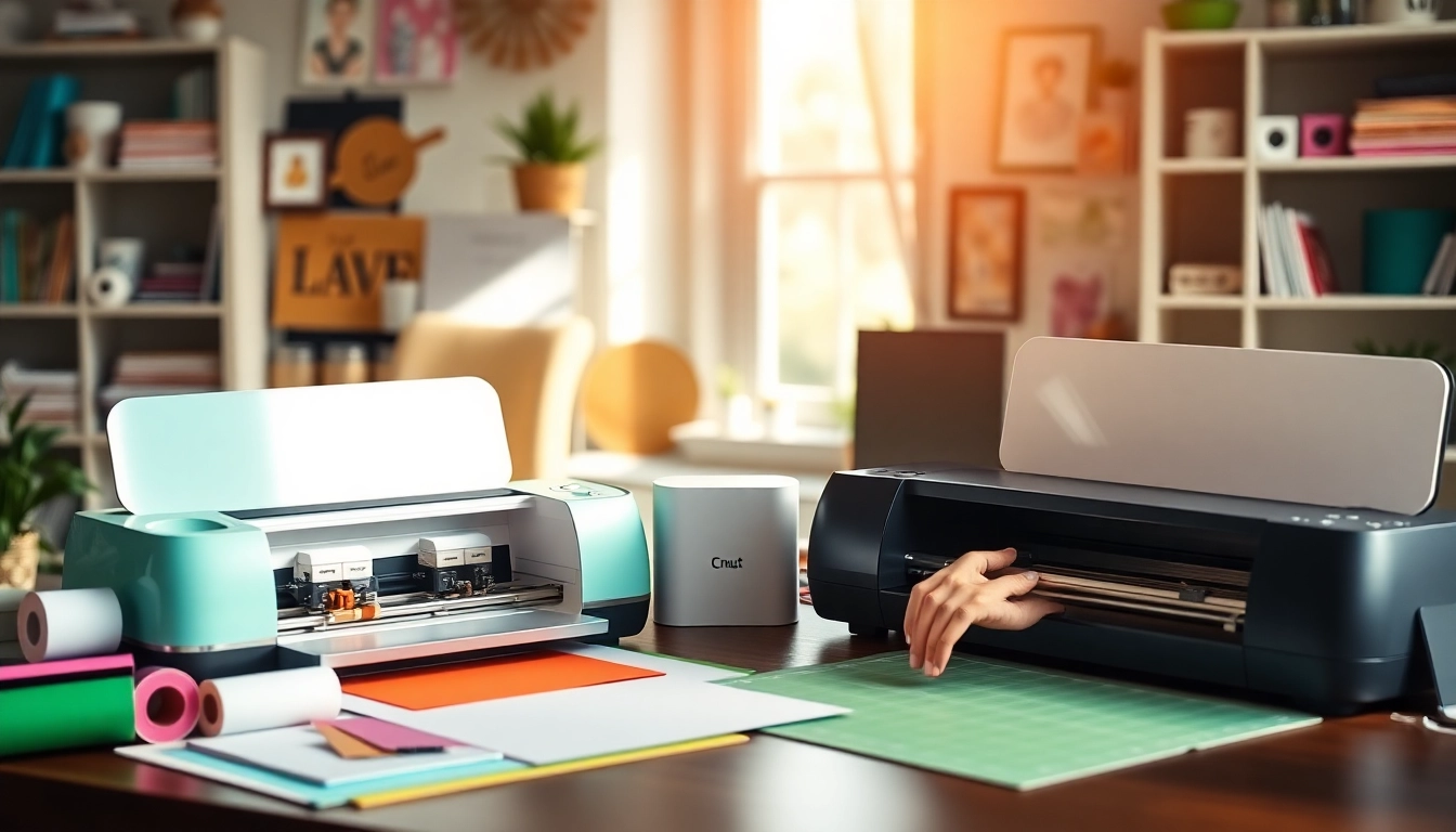 Comparative view of silhouette vs cricut machines in a vibrant crafting workspace.