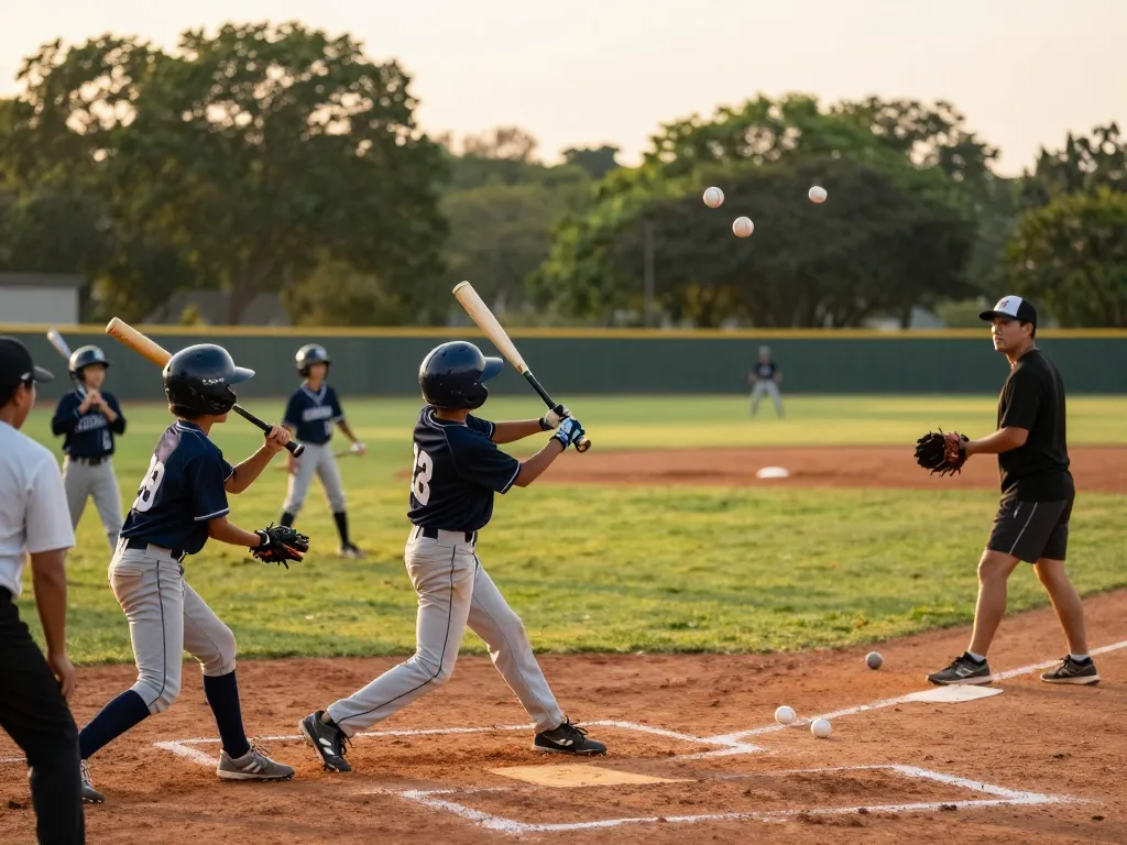 Young athletes practicing baseball skills at the hitclub during sunset.