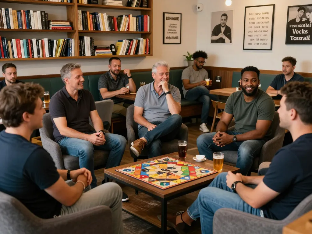 Men club gathering showcasing community support and open conversation in a cozy lounge.