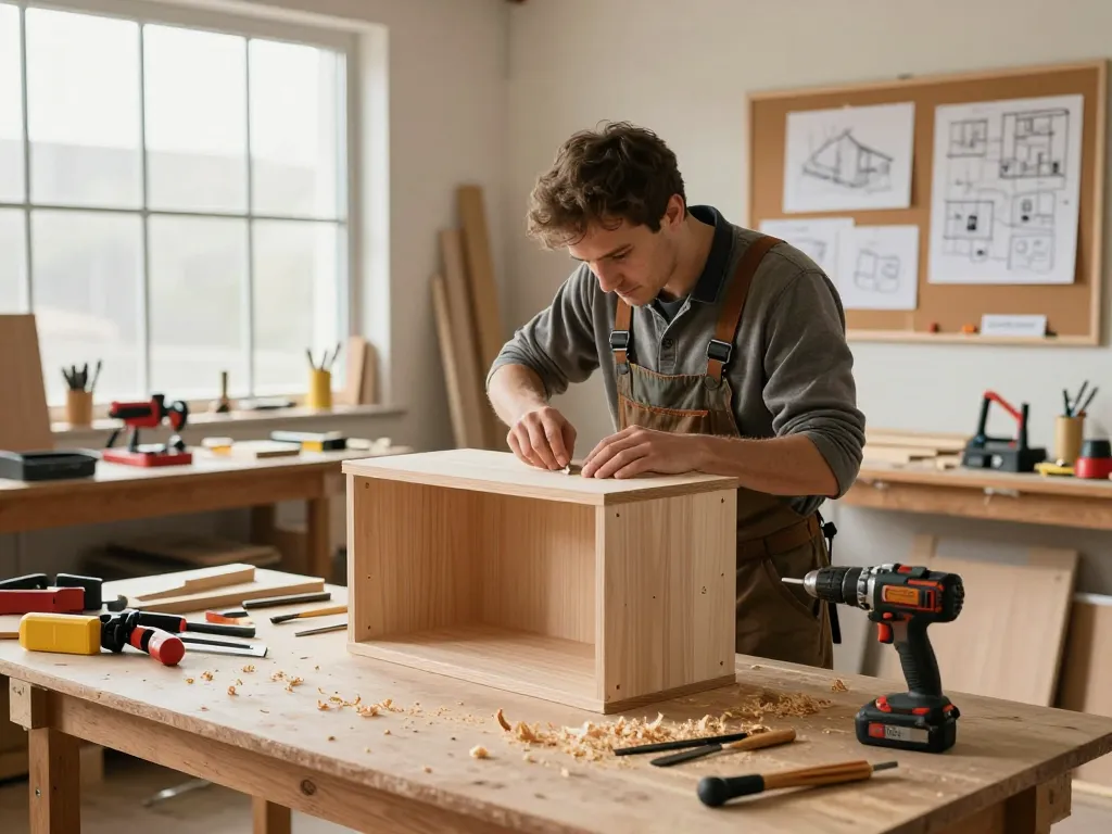 Expert carpenter shaping wood for custom cabinetry, showcasing skilled carpentry techniques in a well-lit workshop.