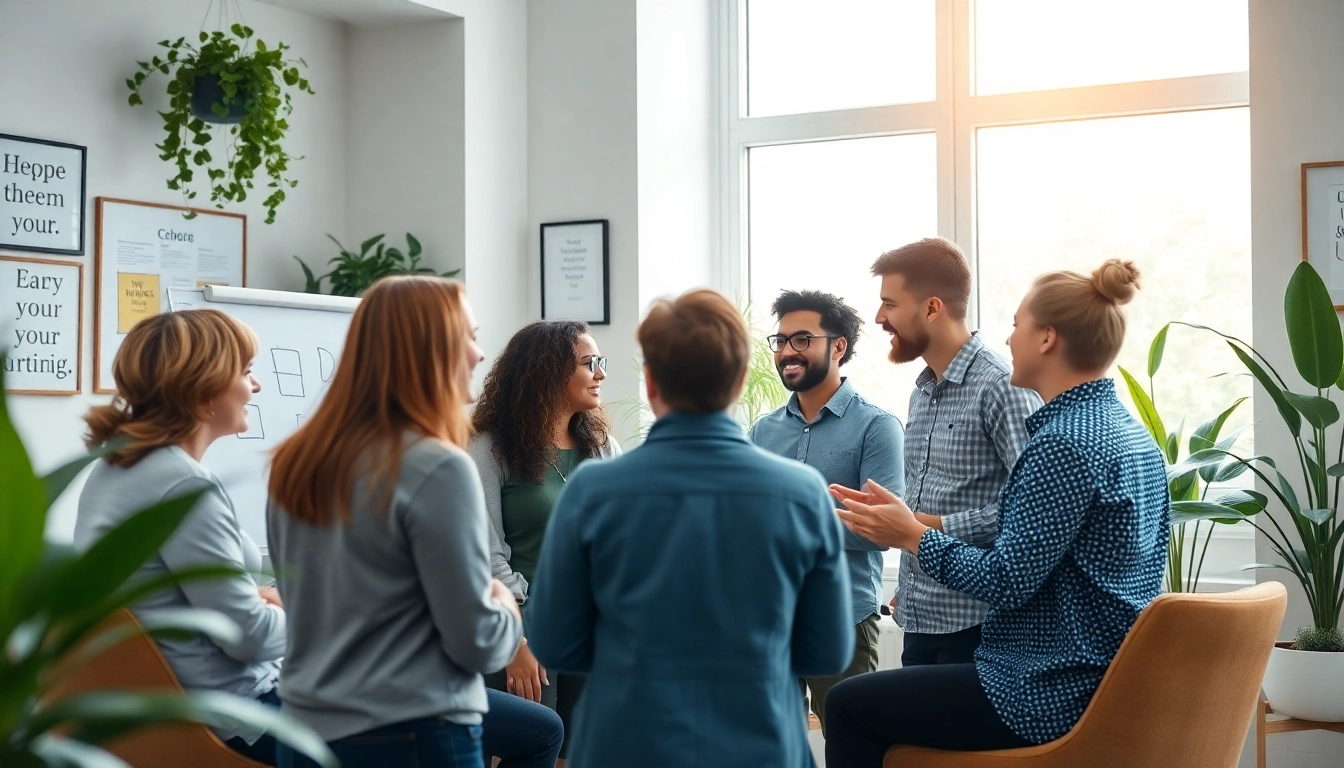 A scene illustrating Career coaching with a professional coach and clients engaged in discussions in a bright office.