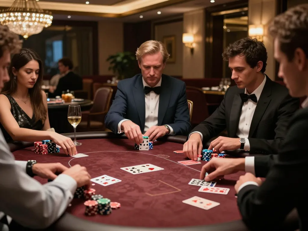 High-stakes poker game in a luxury casino at https://dn882.pro/, showcasing elite gaming atmosphere and player engagement.
