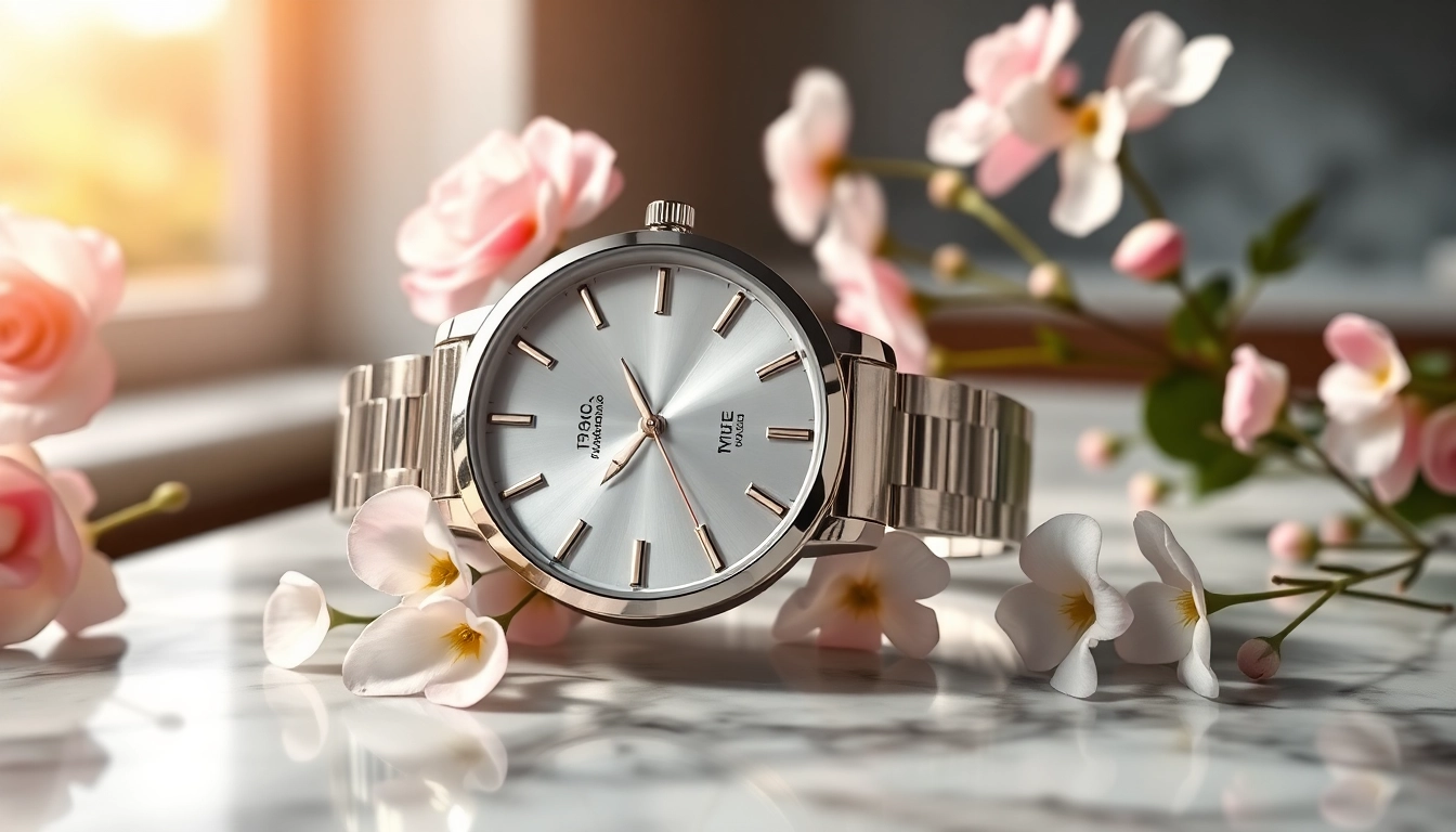Showcase the stylish Ladies Classic Smart Watch elegantly resting on a marble countertop.