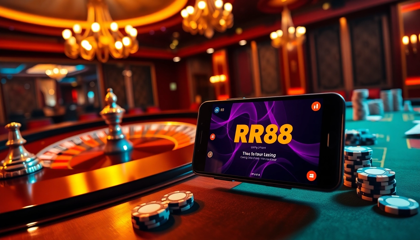 Engaging in online gambling with the RR88 apk at a vibrant casino setting.
