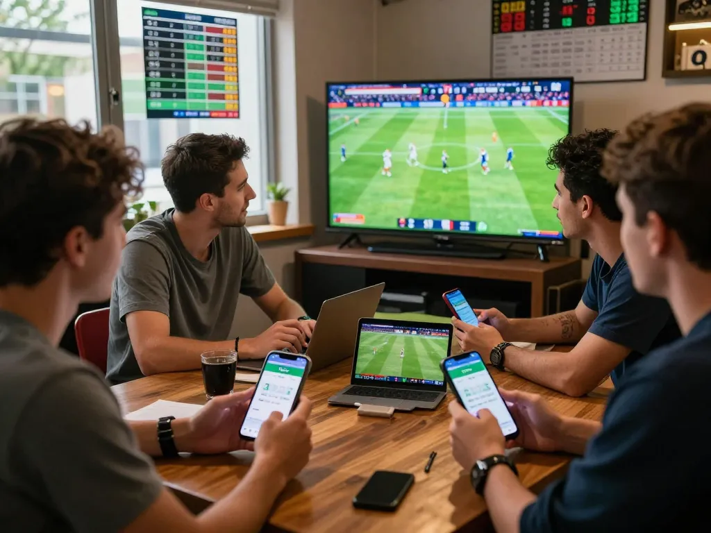Enthusiastic bettors engaging with 1gom for live football match updates and betting odds.