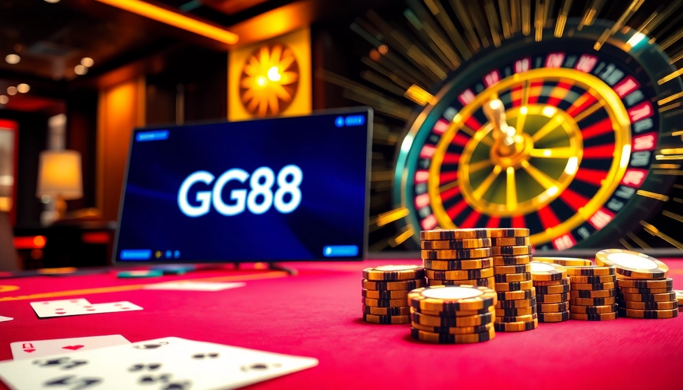 Engaging scene showcasing GG88 online gambling experience with poker chips, gaming table, and roulette wheel.