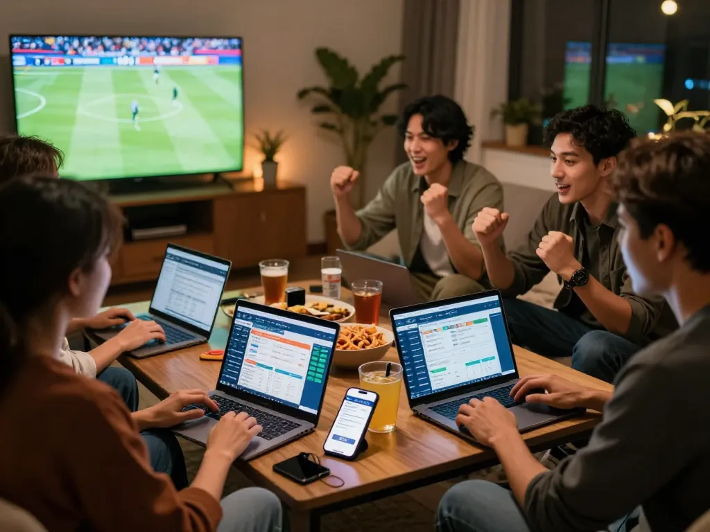 Group of friends exploring 1xbet Betting Tips on laptops with live sports action on screen