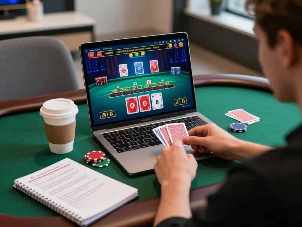 Enjoy thrilling gameplay at LC88 with a player immersed in live dealer blackjack using a laptop at home.