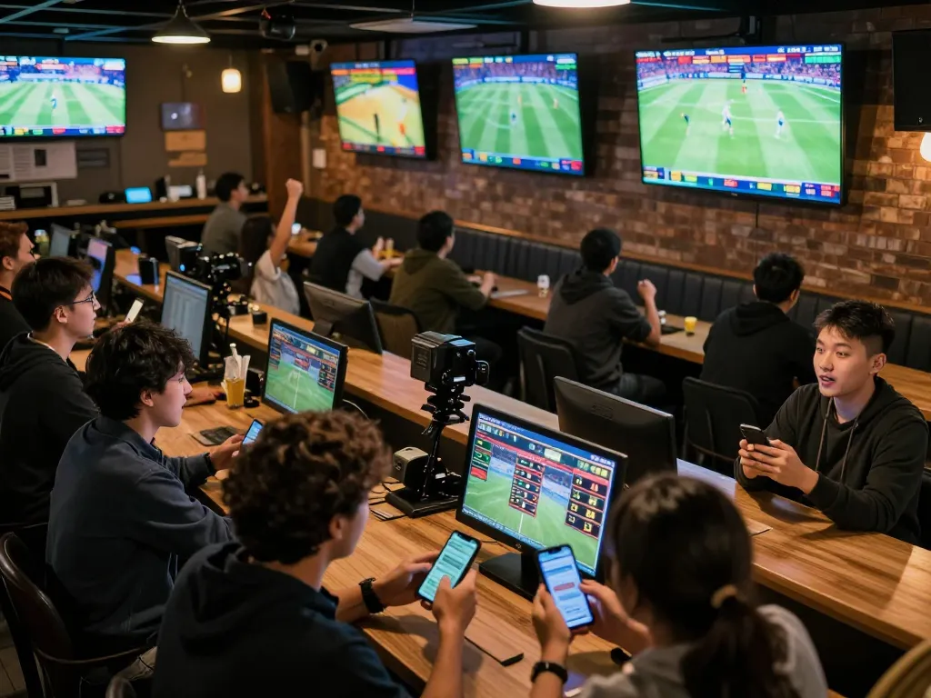 Socolive users engaging in live soccer betting at a vibrant sports bar with multiple screens
