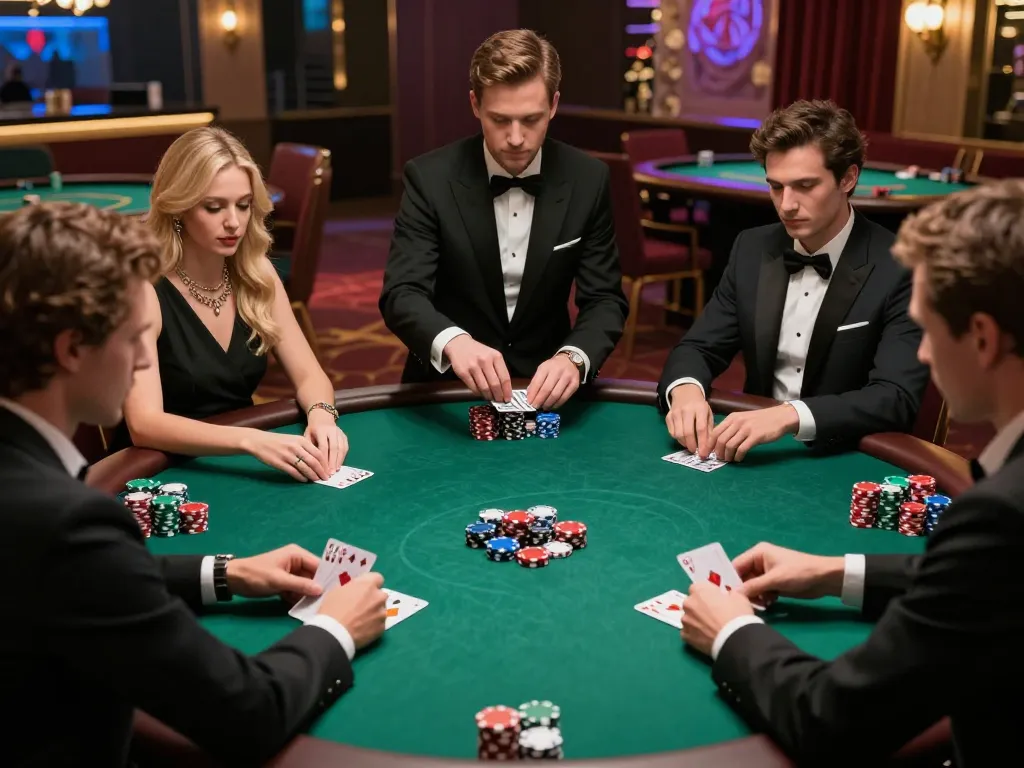 Intense players at an ok win poker game in a classy casino setting, surrounded by vibrant decor.