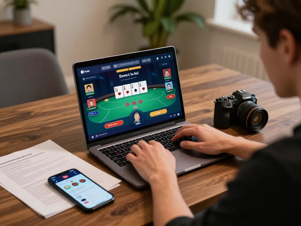 Player engaged in an online poker game on the 7me app, surrounded by strategy notes and a warm atmosphere.