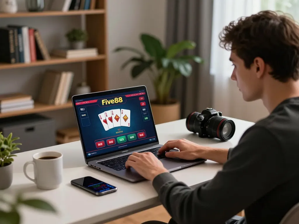 Engaging in a five88 online casino game at home with laptop and strategy notes.