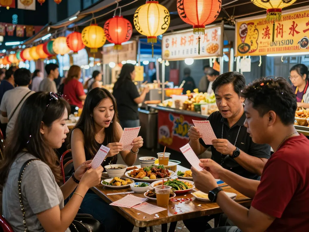 Orang-orang dengan antusias memeriksa tiket lotere HK Malam Ini di pasar malam yang ramai.