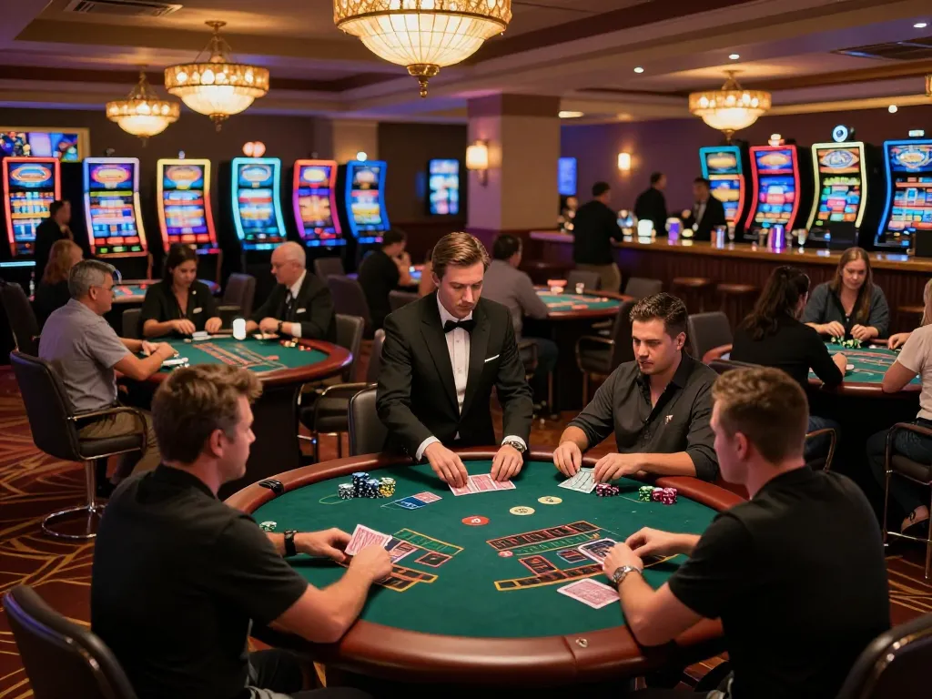 Players enjoying blackjack at a lively casino, showcasing sunwingo's vibrant gaming atmosphere.