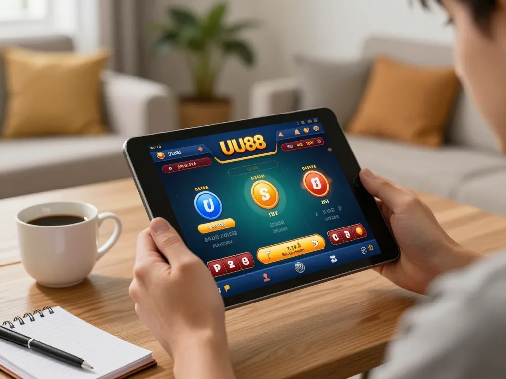 Engaging online gaming session at UU88 featuring tablet screen gameplay in a cozy home.