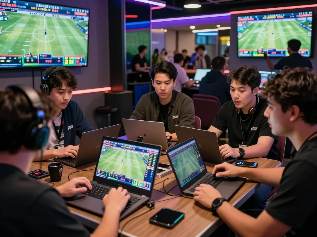 Excited players reviewing SBOBET88 betting options in a vibrant online betting environment.