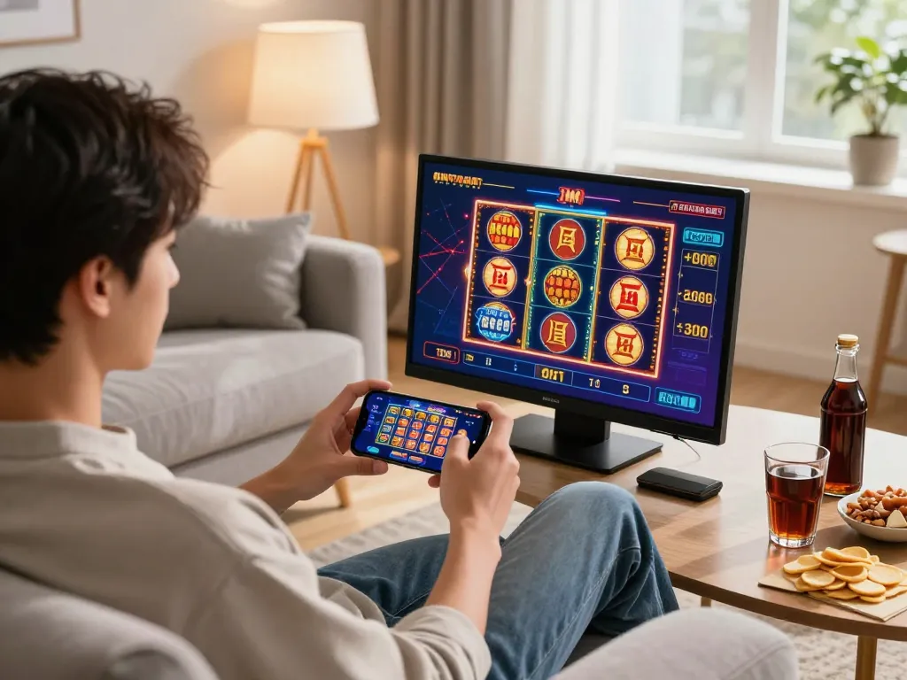 Player enjoying online casino gaming on a smartphone while seated comfortably at home, showcasing oxbet's exciting interface.