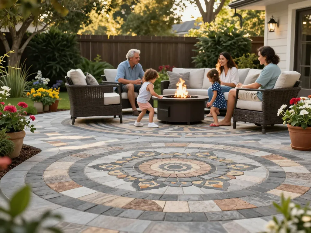 Paver companies near me creating an inviting outdoor space with a family enjoying a luxurious patio, showcasing stunning paver craftsmanship.