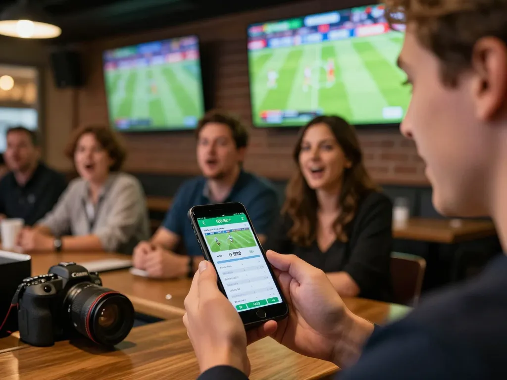 Aktivitas taruhan mobile SBOBET selama acara olahraga dengan penggemar antusias yang terlibat dalam permainan.