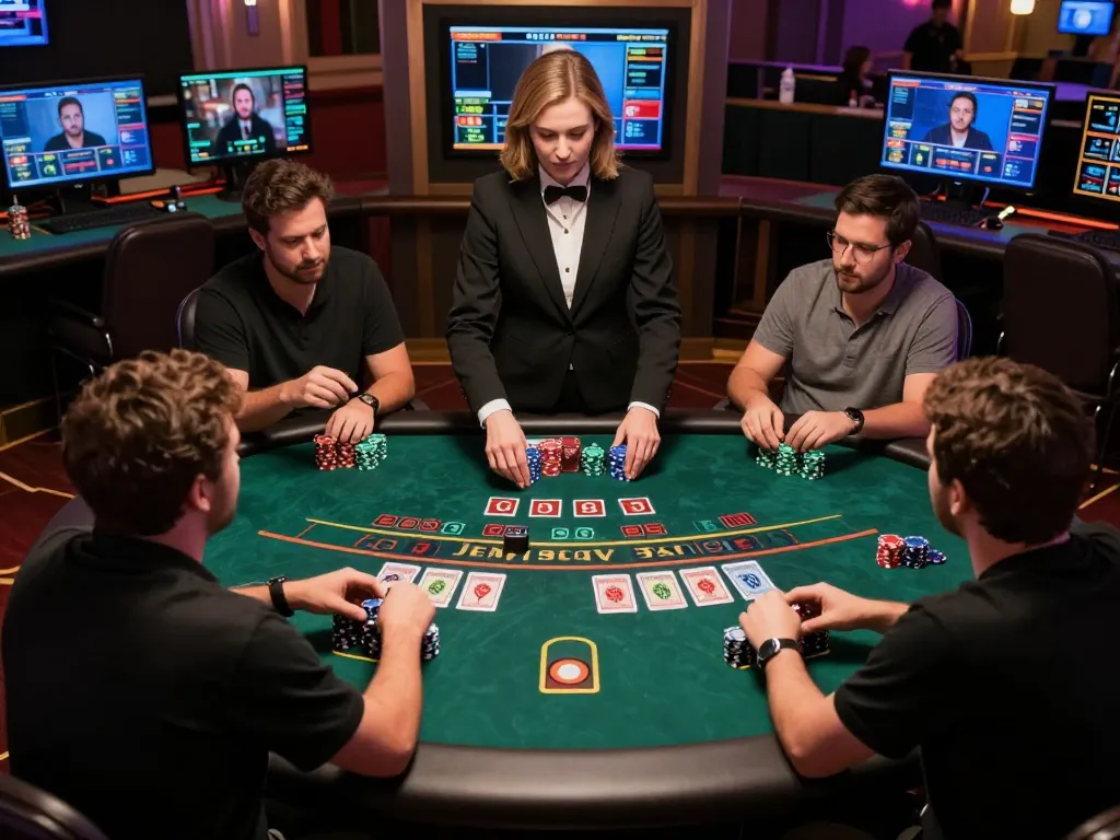 Players mastering strategic gameplay at xo88 live dealer blackjack table, focused and engaged.
