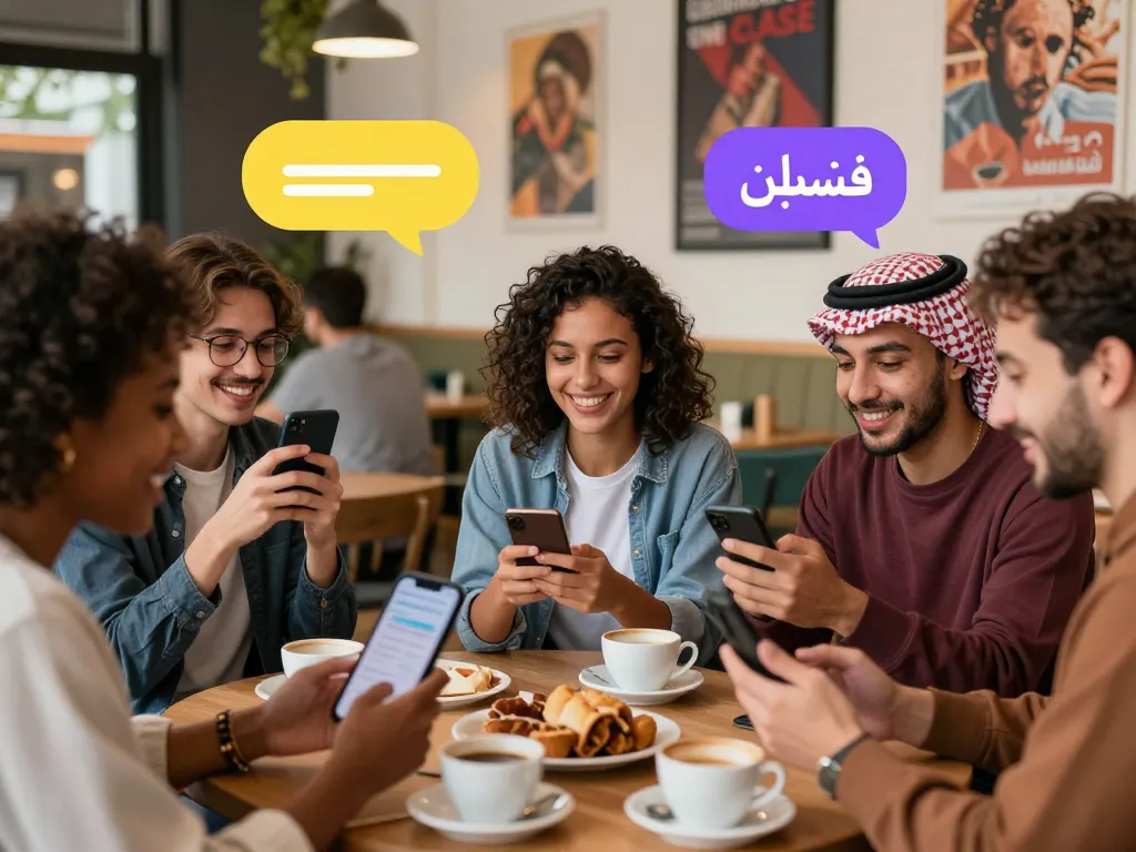 Engaged young adults using شات فلسطين on mobile devices in a vibrant cafe setting.