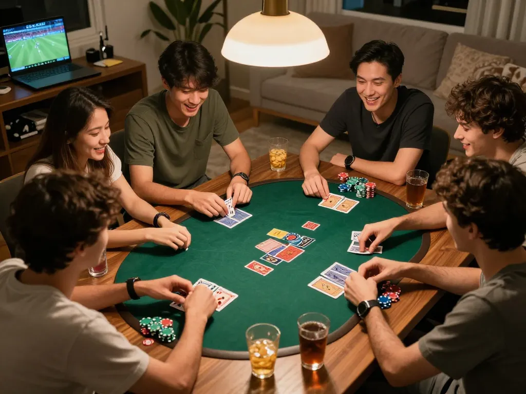 Friends strategizing during a home poker night, featuring cards and chips, exploring soi keo nha cai.
