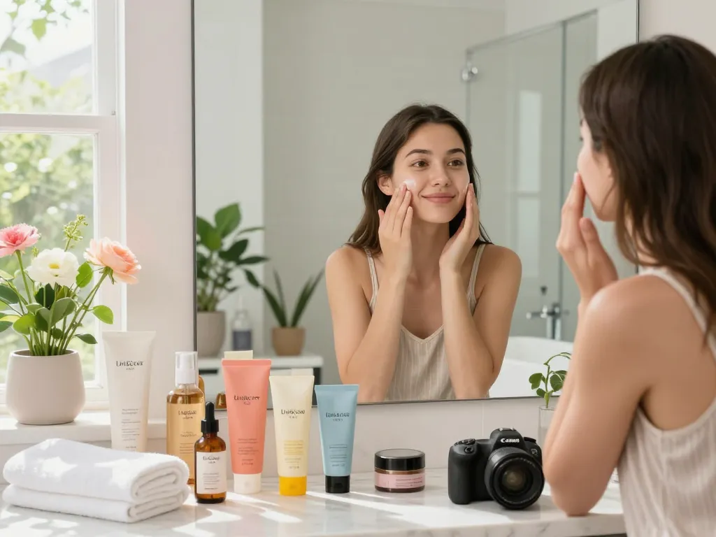 Applying Uni&Core US skincare in a bright bathroom with K-beauty products.