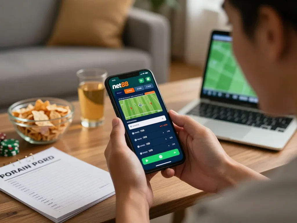 Excited user engaging with the net88 sports betting app on a smartphone surrounded by snacks.