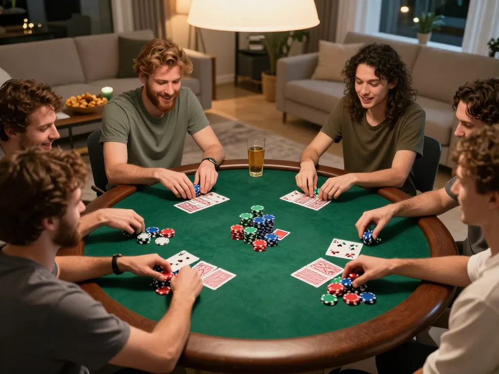 Friends enjoying a poker night at home engaging with cards and chips, lv88 nhà cái offers social gaming experiences.
