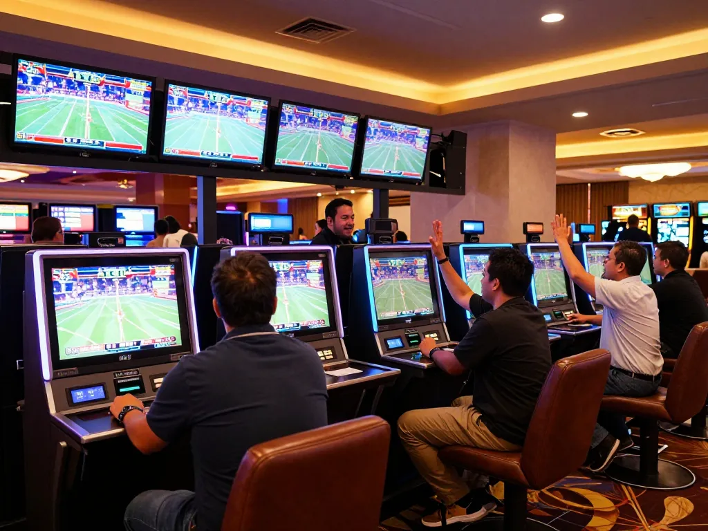 Tỷ lệ kèo nhà cái hôm nay displayed prominently on screens in an exciting sports betting area.