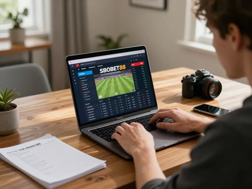 Antarmuka taruhan SBOBET88 yang dilihat oleh pengguna yang terlibat di laptop, menampilkan strategi taruhan olahraga.
