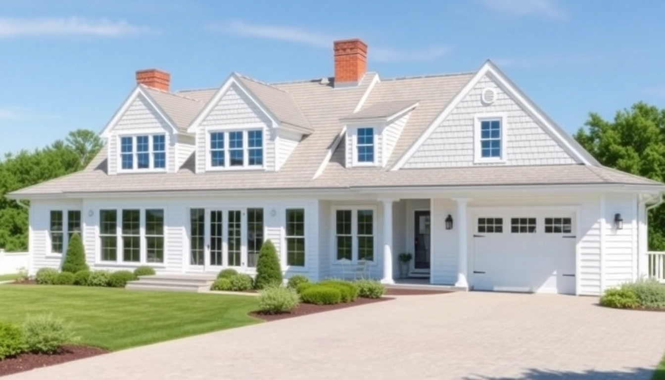 Cape Cod homes showcasing an elegant expansion with attached garage under blue skies.