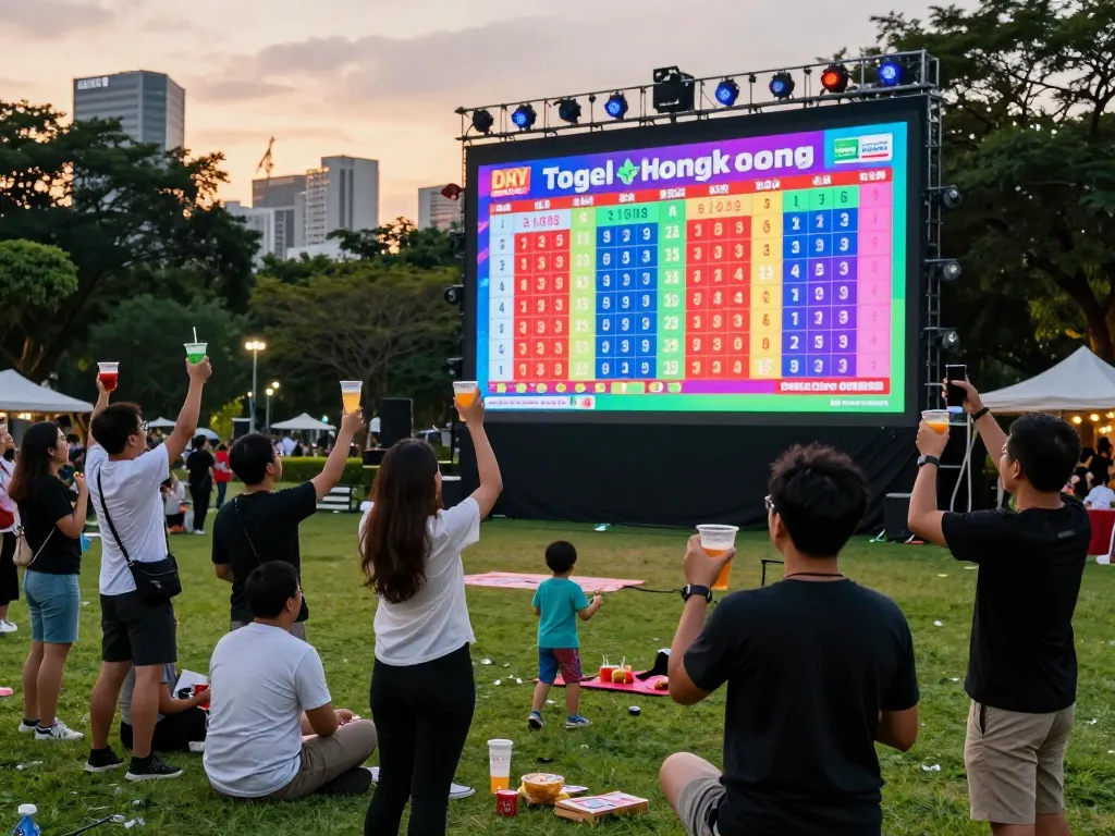 Kerumunan yang bersemangat menyaksikan undian Lotto HK Malam Ini di luar ruangan dengan suasana yang hidup.