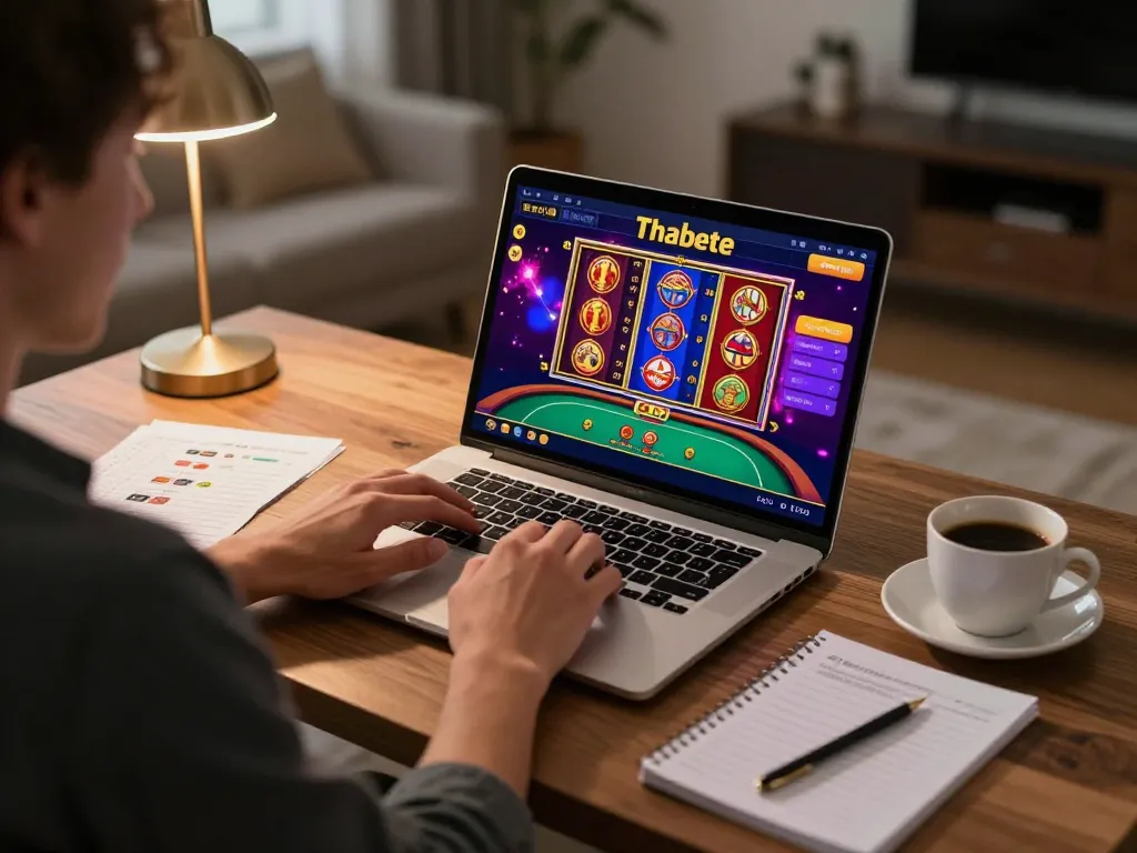 Engaging with Thabete on a laptop during an exciting online casino gaming session.