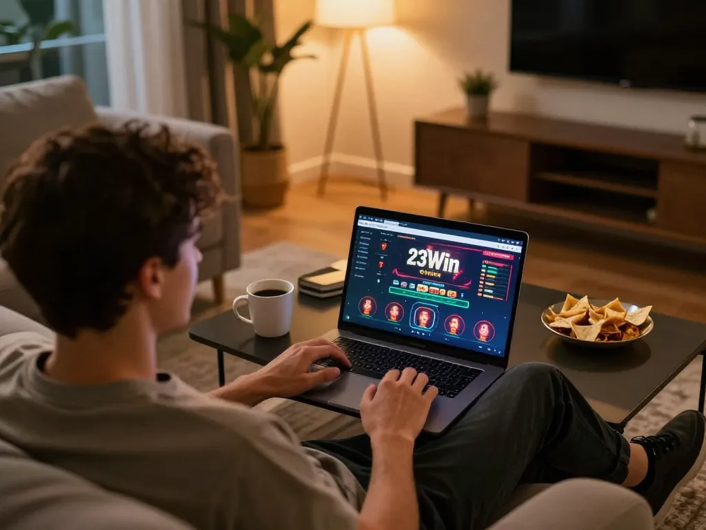 Player engaging in online games at 23Win from a cozy living room setting, showcasing a modern gaming experience.