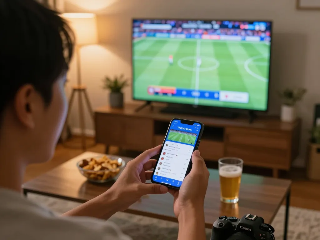 Terlibat dalam Taruhan Bola sambil menonton pertandingan sepak bola langsung di TV, menyoroti kegembiraan taruhan olahraga.