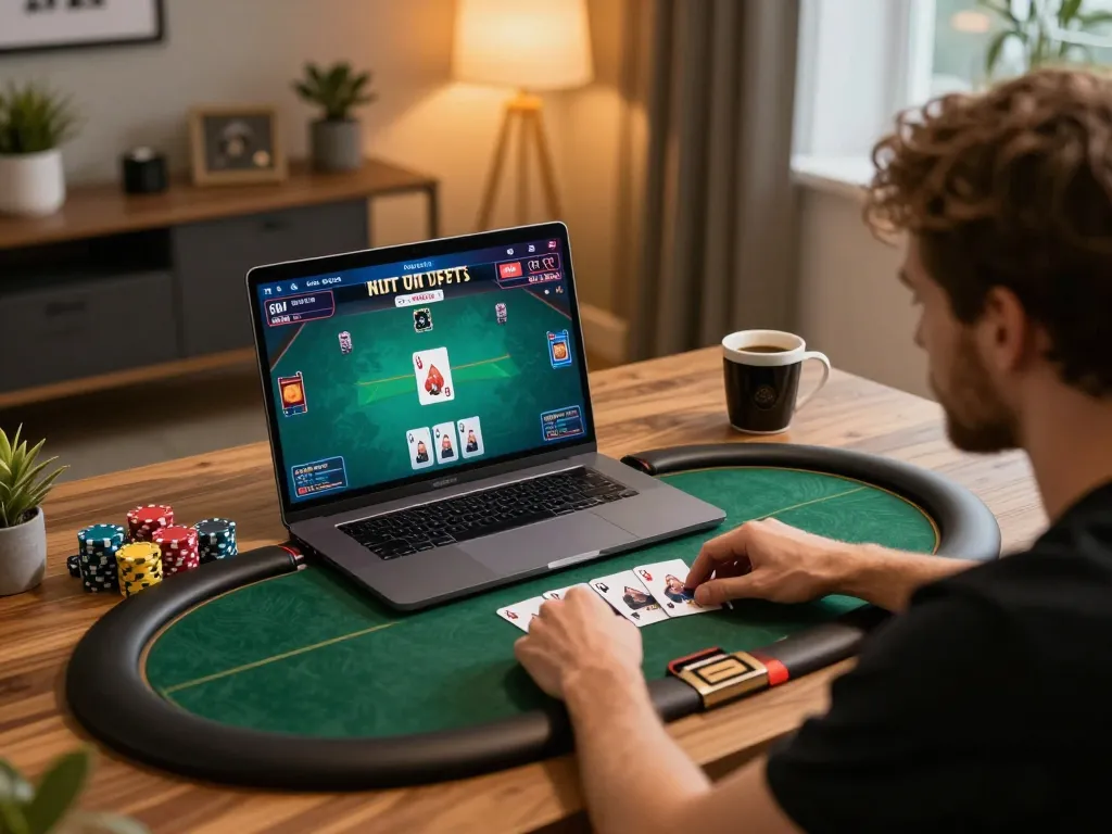 lc88 online gaming scene with an engaging poker game setup in a stylish home office