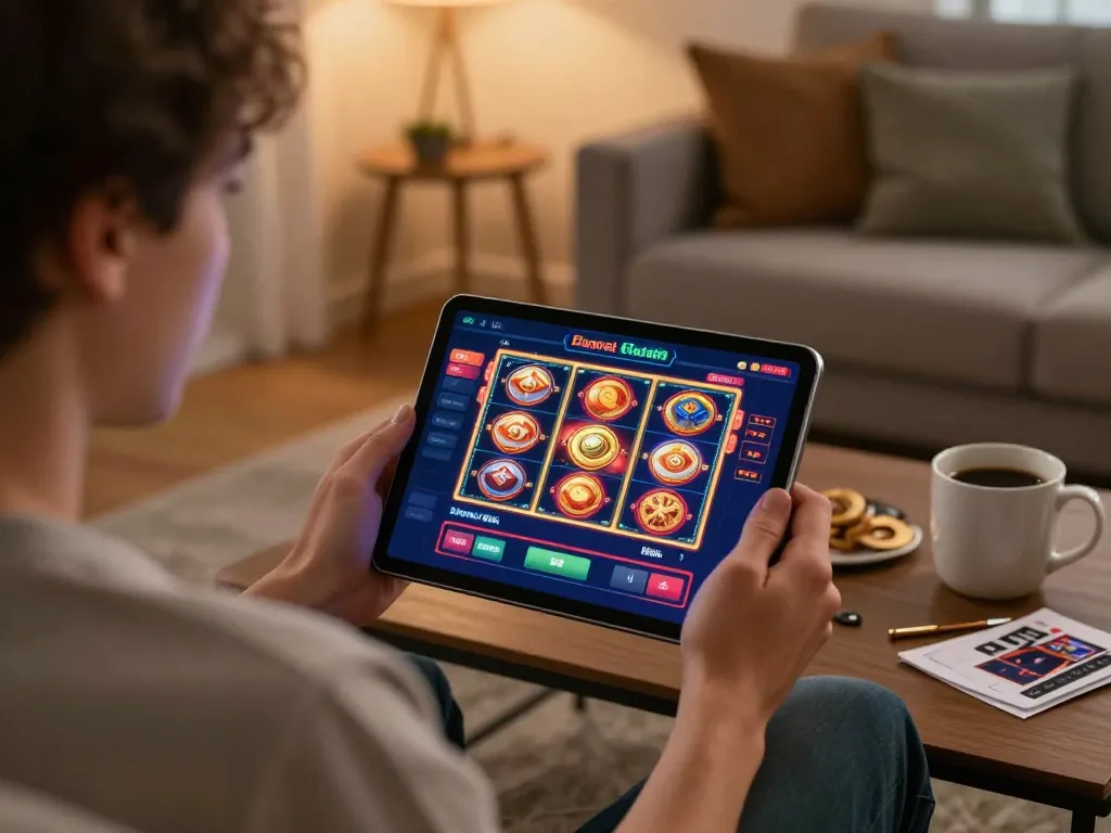 Engaging in nk88 đăng nhập process on tablet amidst a cozy home setting, showcasing strategic online gaming.
