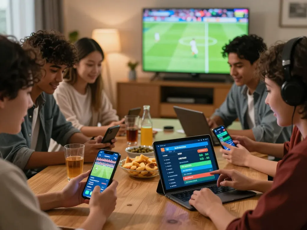 Interactive online betting with friends using OKFUN in a cozy living room while watching football.