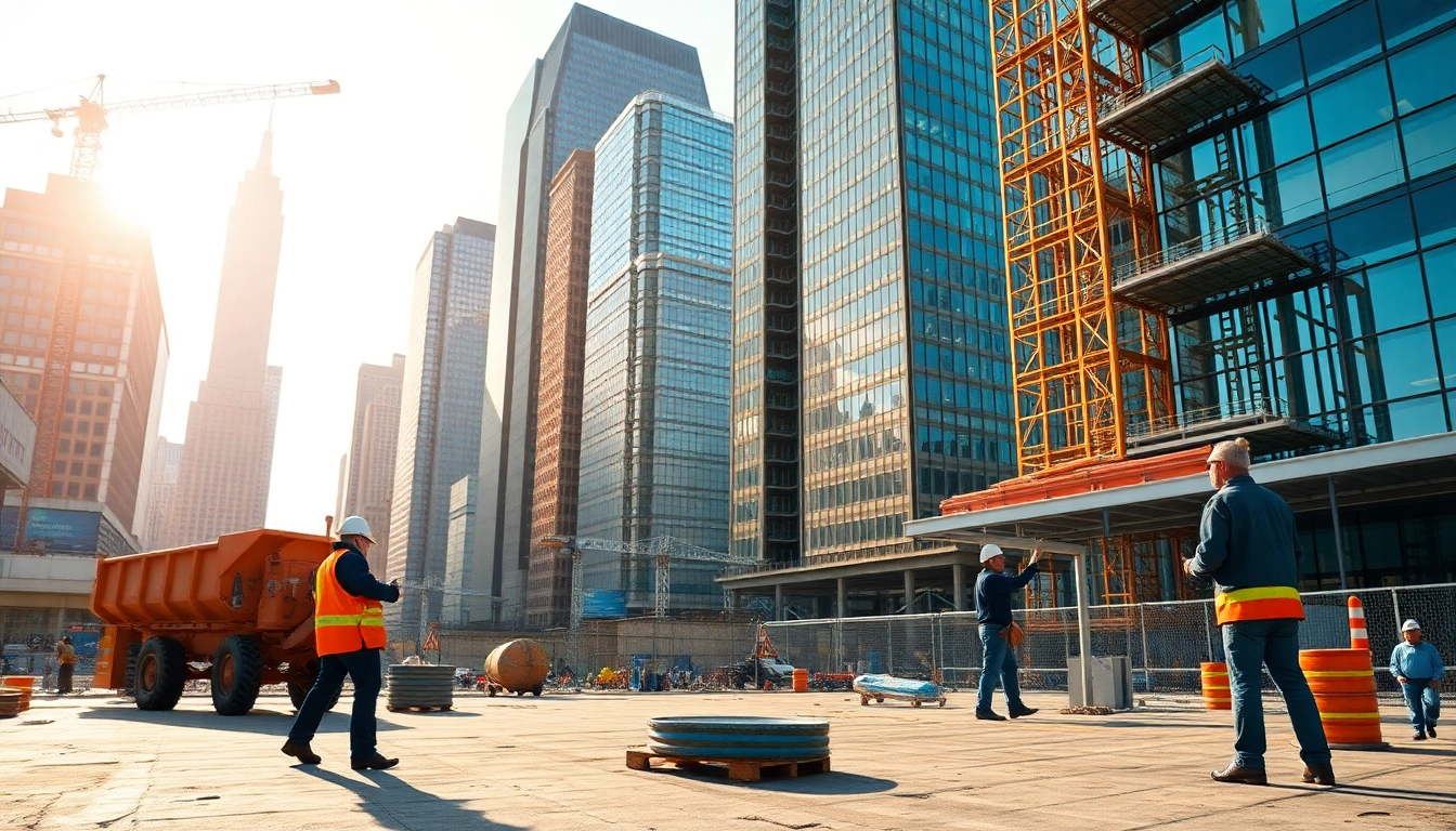 New York City Commercial General Contractor managing a bustling construction site in a vibrant urban setting.