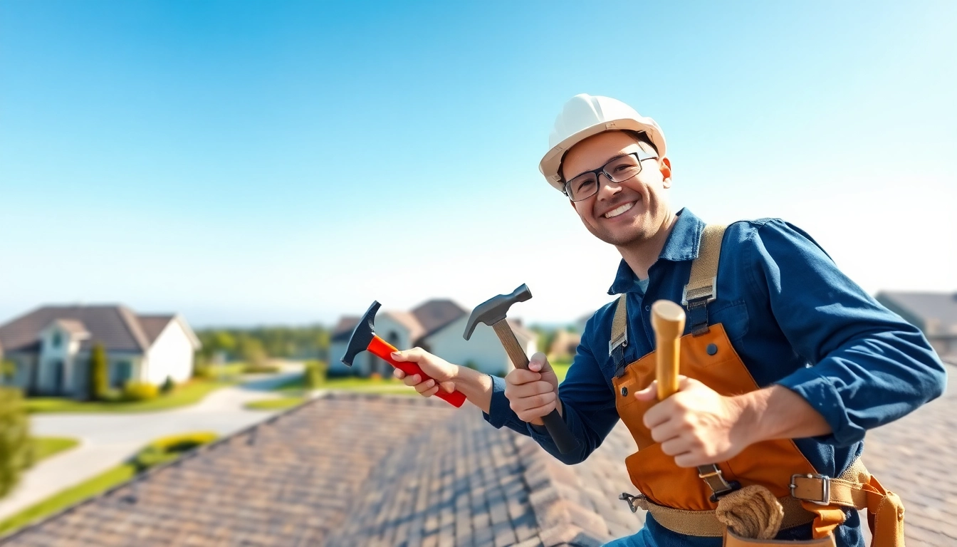 Roofing contractor inspecting a house's roof, demonstrating expertise and professionalism.