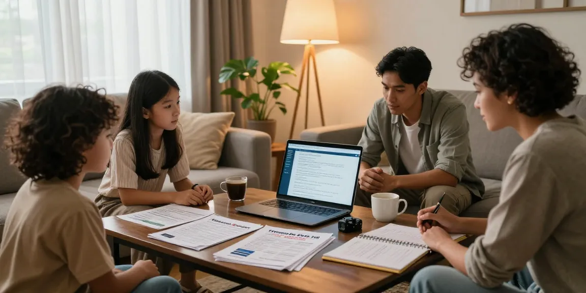 Family discussing best timeshare exit companies with research materials in cozy living room.