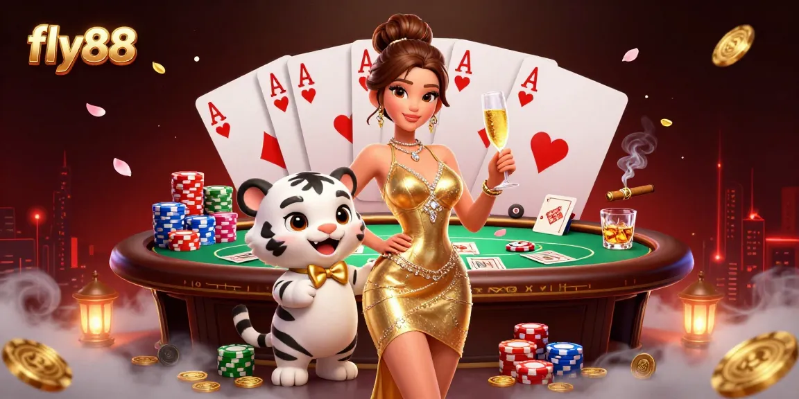 Experience the excitement at fly88 with a glamorous lady and a lucky tiger in a vibrant casino scene.