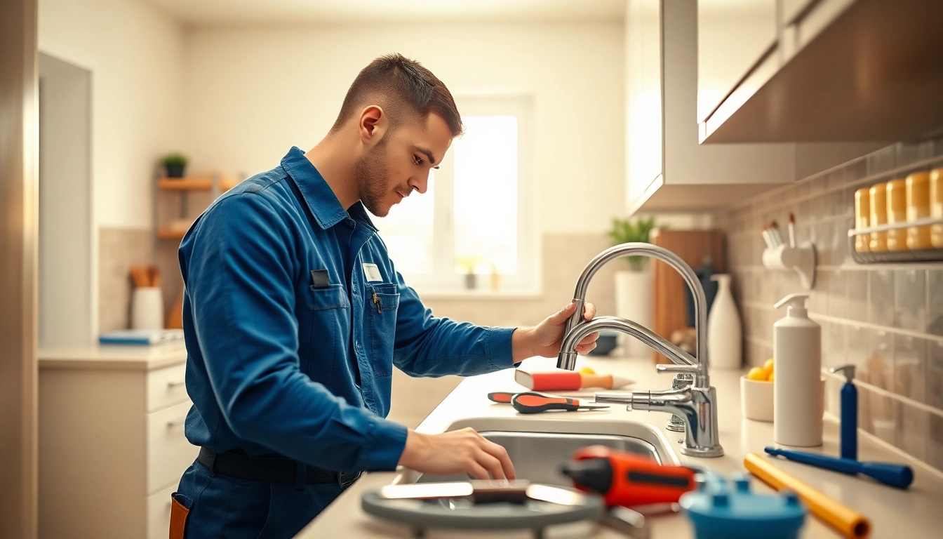 Find a trusted plumber near me fixing a residential kitchen sink with professional tools.