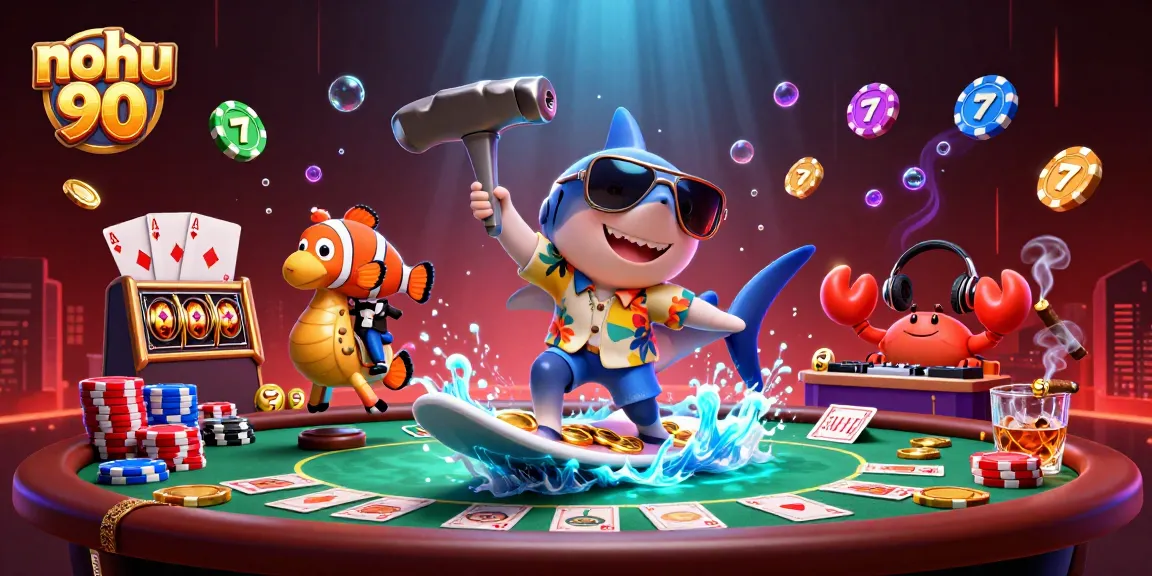 Nohu 90 slots illustration featuring a shark, a clownfish, and a DJ crab surrounded by gold coins and poker elements.