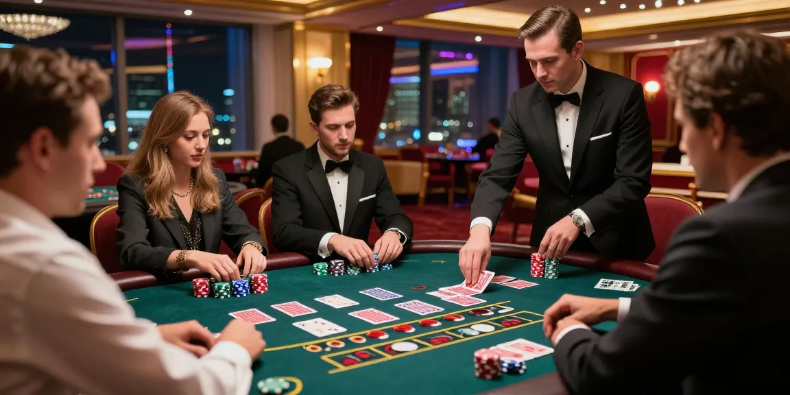 Exciting baccarat gaming scene with players placing bets and cards being dealt, showcasing the vibrant atmosphere of a casino.