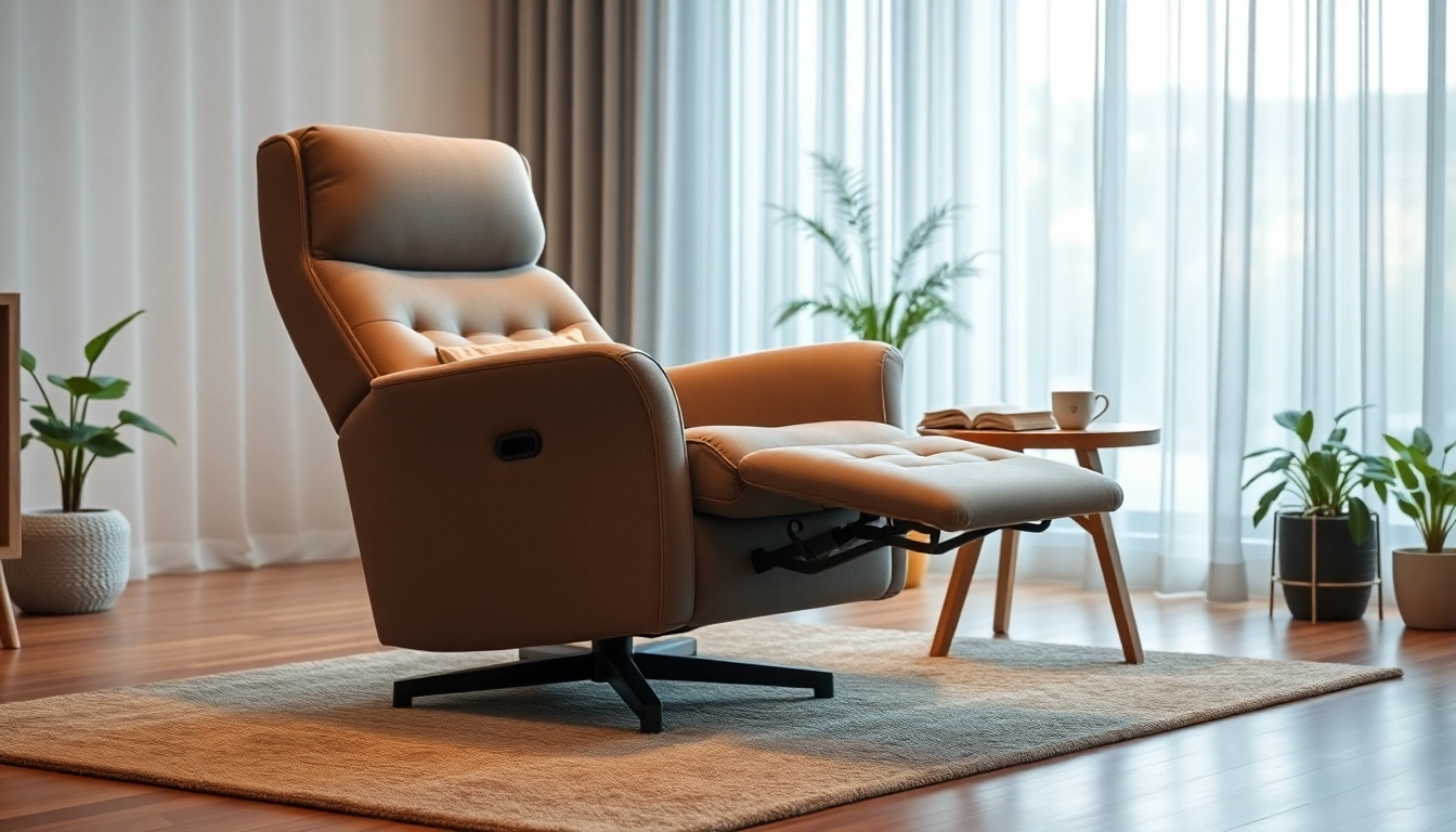 Comfortable recliner with independent back and footrest in a chic living room setting.