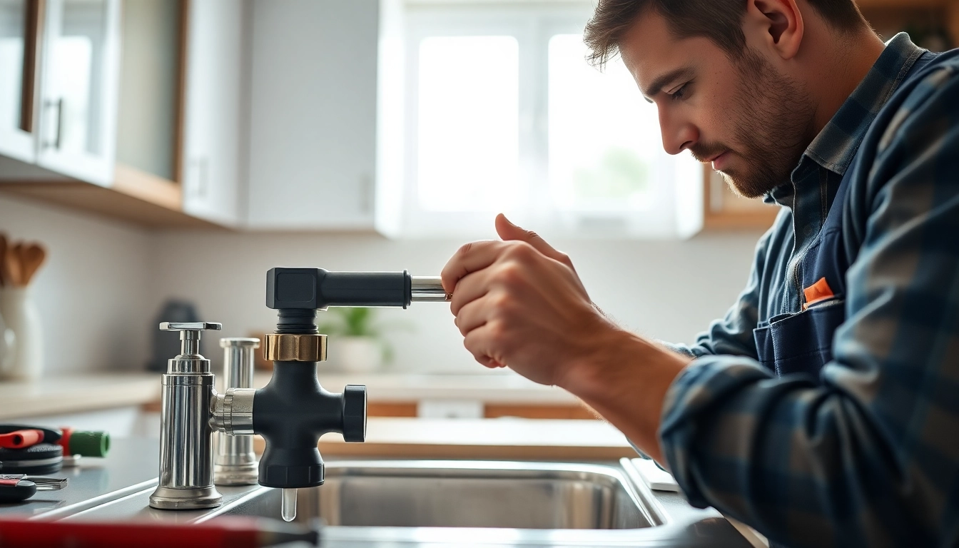 Plumber near me fixing a leak in a bright, modern kitchen.