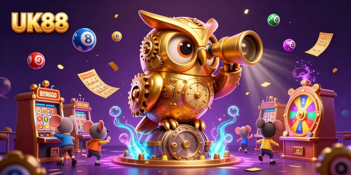 UK88 players enjoying a vibrant casino scene with golden owl, lively lottery elements.