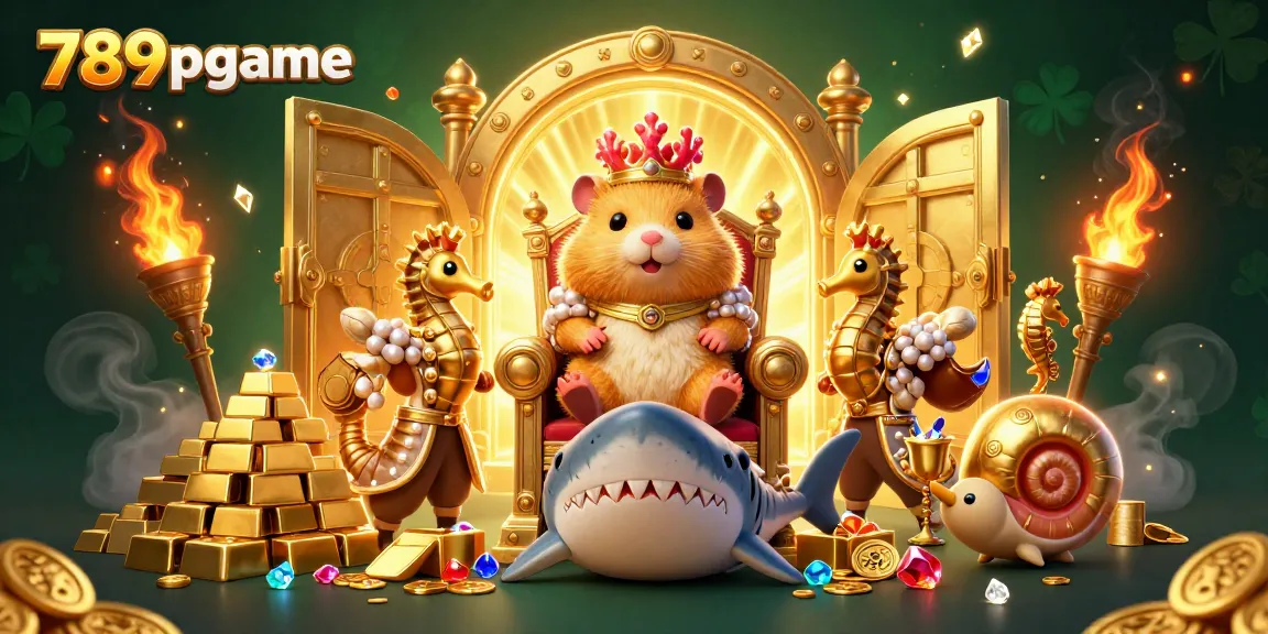Experience the thrill of winning with 789pgame's vibrant casino world, featuring a hamster king atop a megalodon throne.
